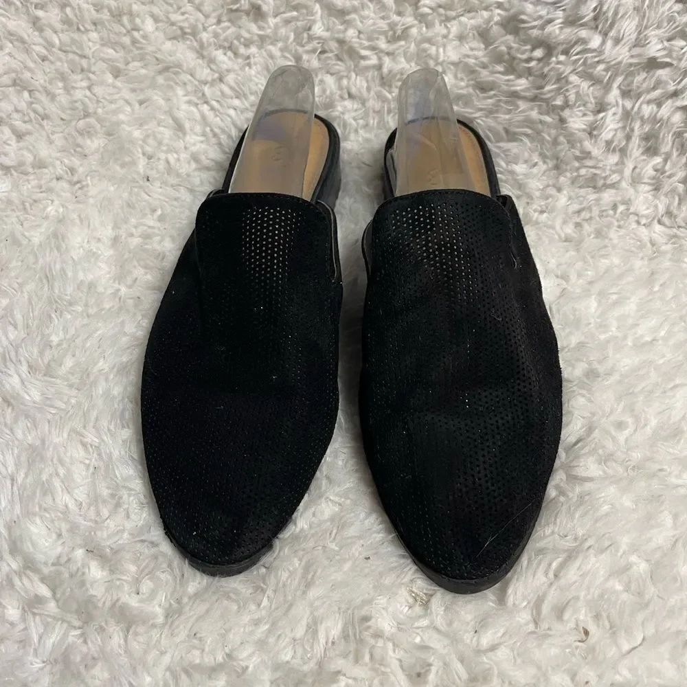 C est 1946 perforated faux suede slip on mules almond toe SZ10